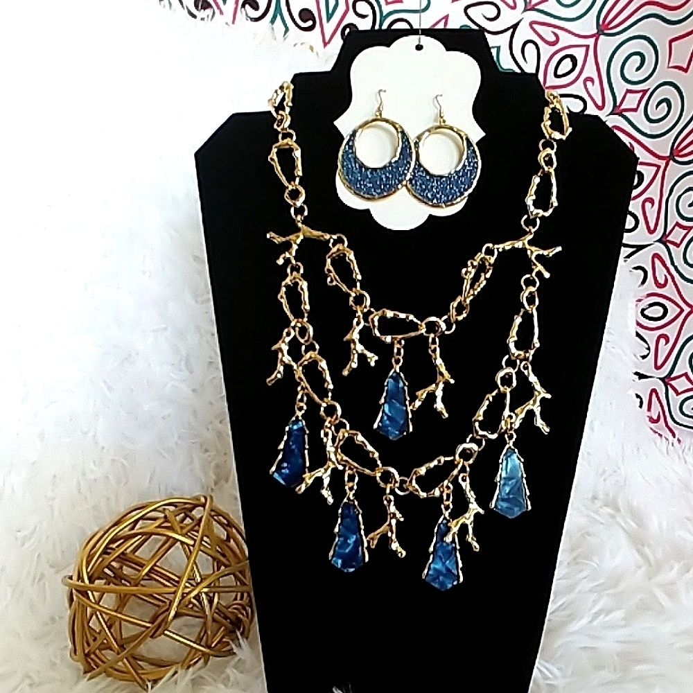 Gold Abstract Blue  Coral 2 Tier Bib Necklace Earrings Set
